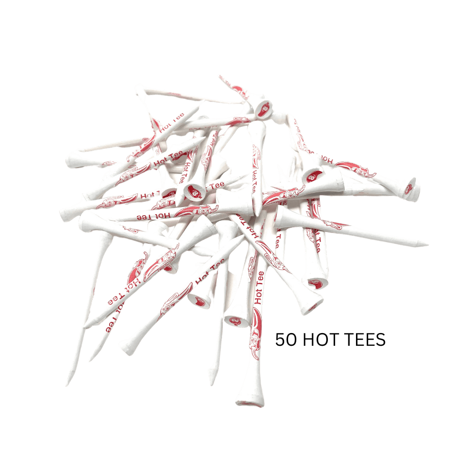 Fifty white golf tees with red logo.