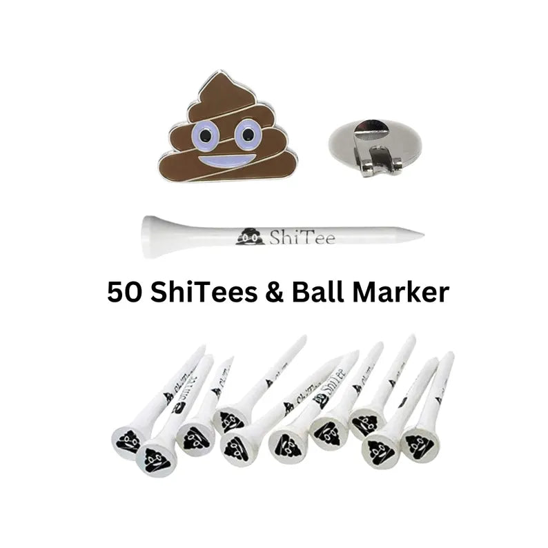 Set of 50 ShiTee golf tees and a Poop Emoji Ball Marker