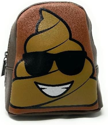 A brown backpack with a picture of a poop wearing sunglasses.