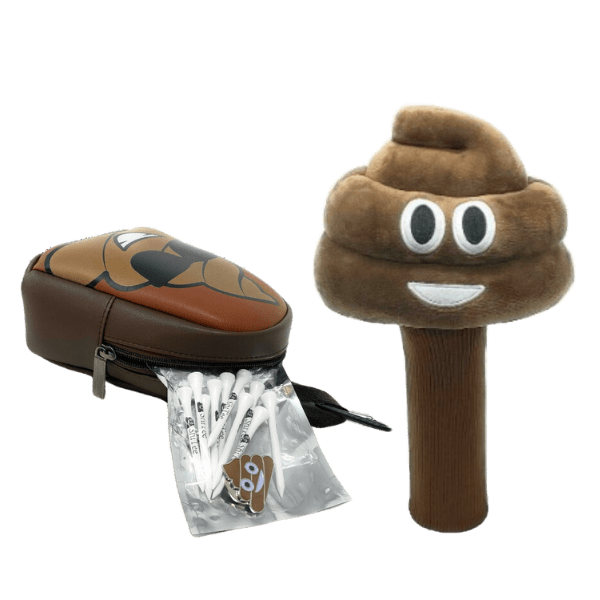 A stuffed animal and a toy with a bag of poop.