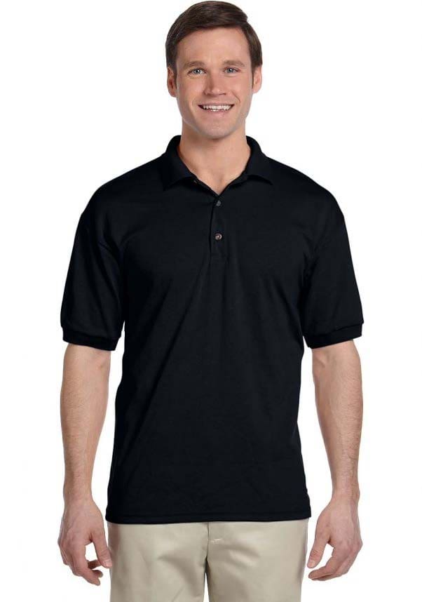A man wearing a black polo shirt.