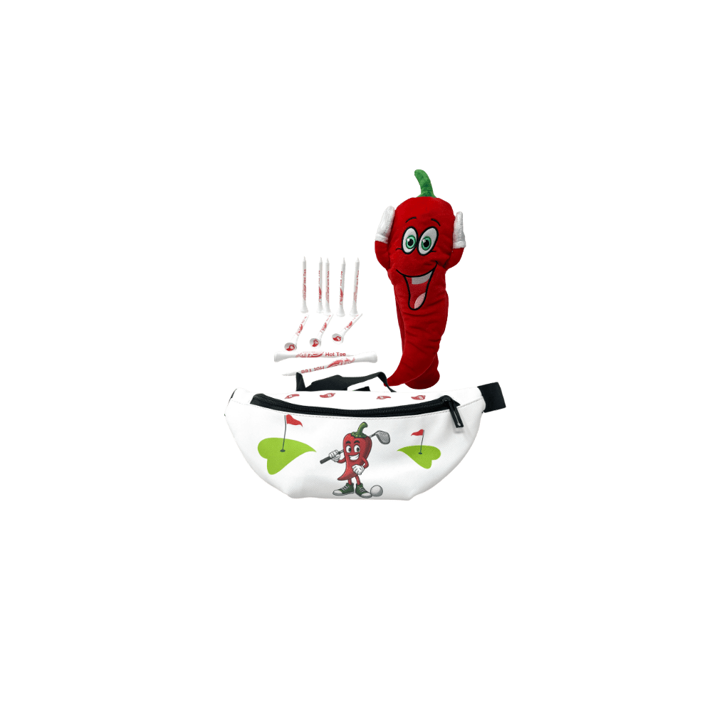 Pepper golf bag with tees and mascot.