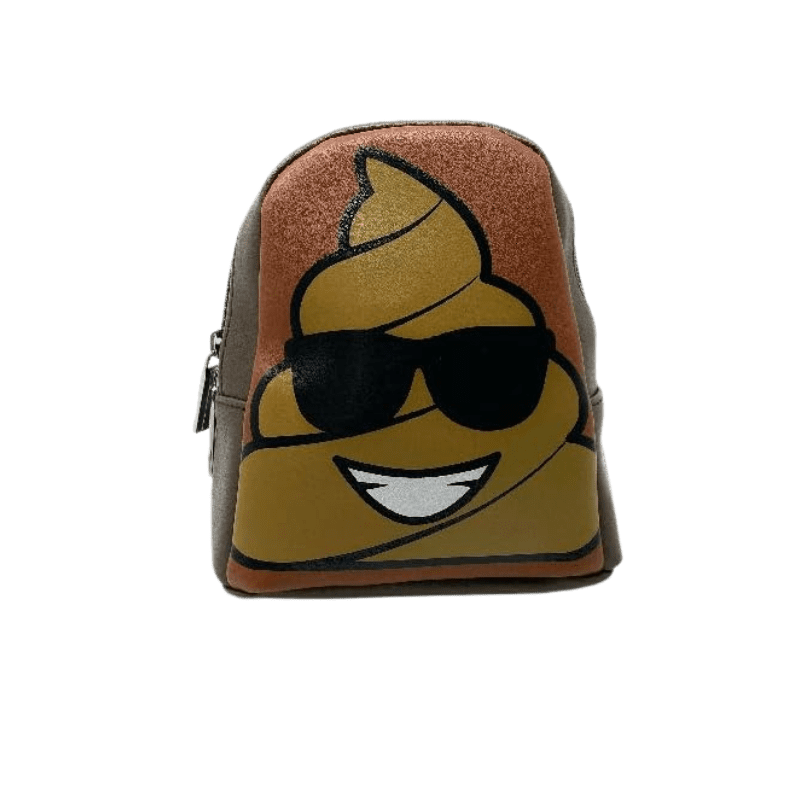A backpack with a picture of a poop wearing sunglasses.