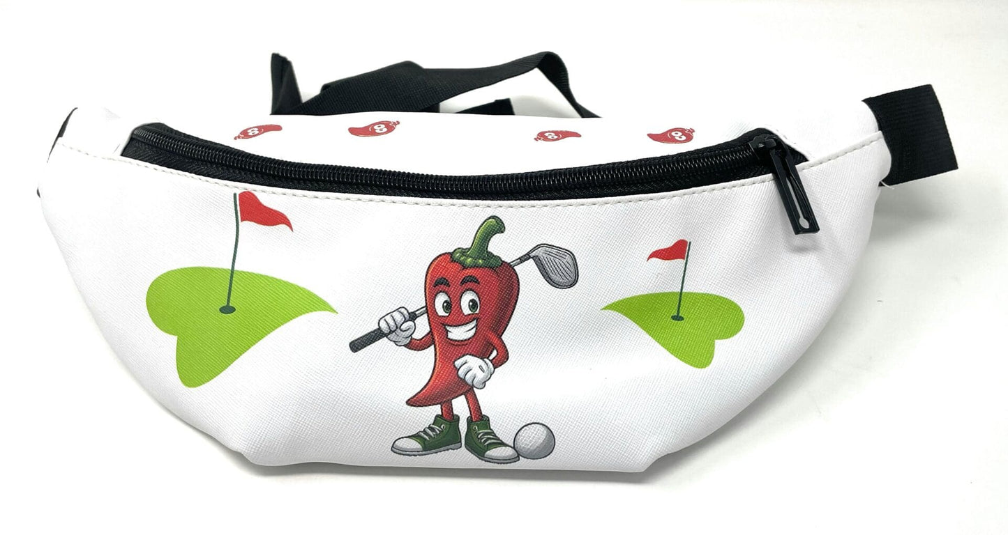 White fanny pack with chili pepper golfer.