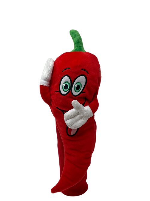 A red pepper mascot with one hand on his head.