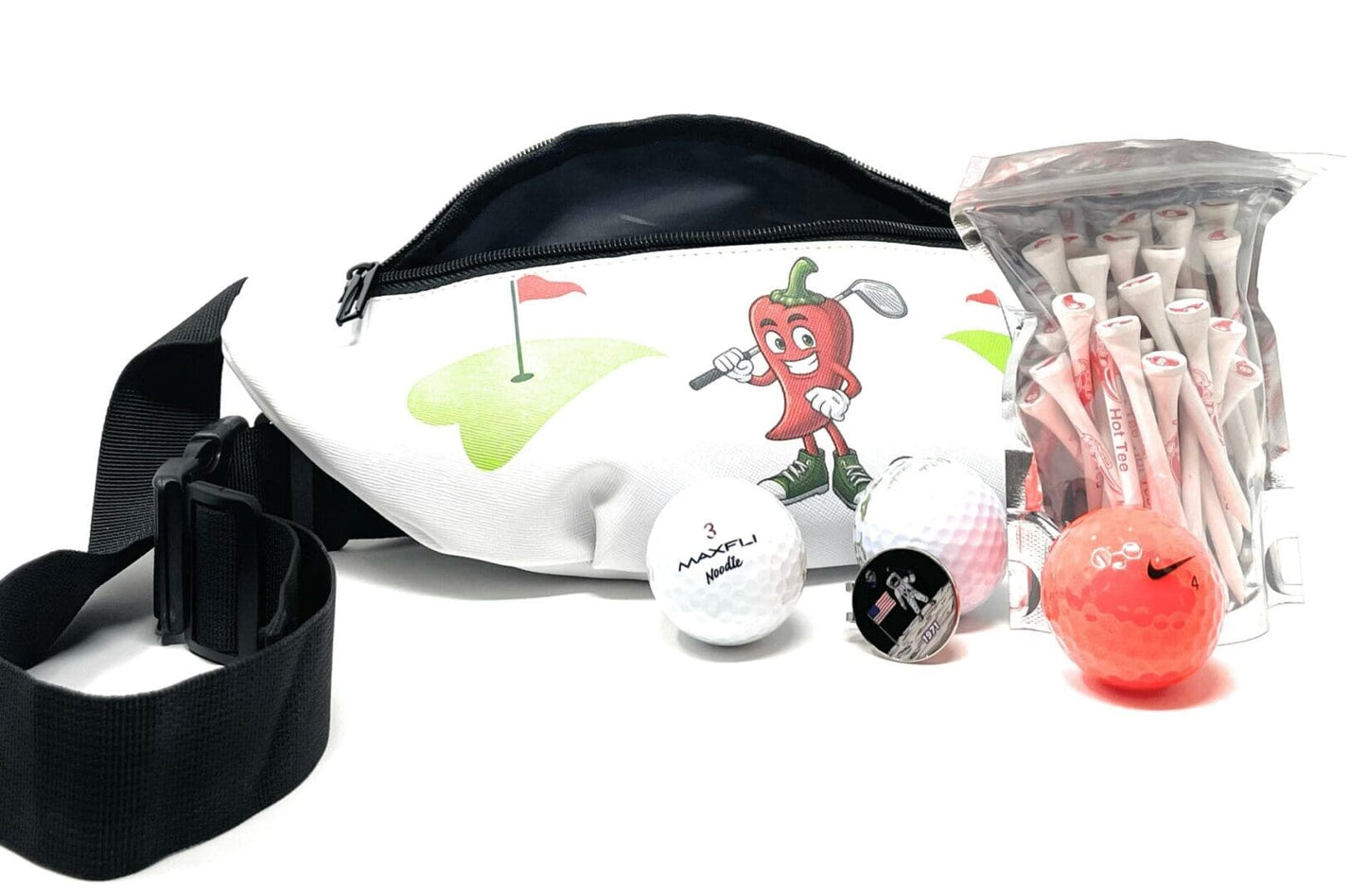 Golf bag, balls, tees, and a chili pepper.