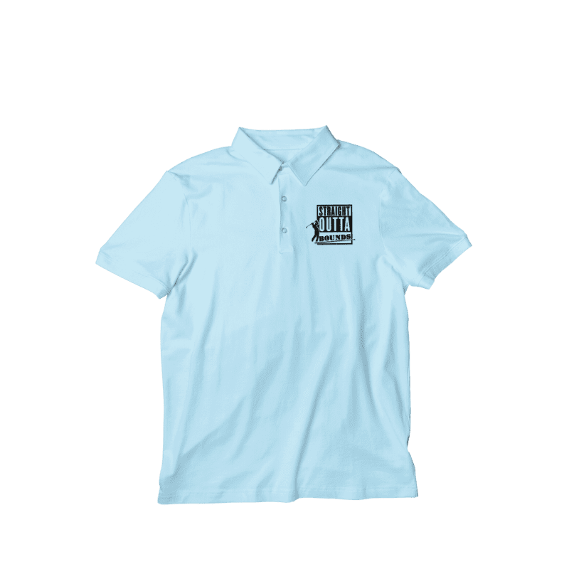 A white polo shirt with a black logo on the chest.