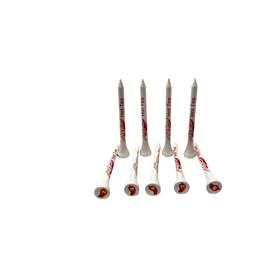 Eight white golf tees with red logo.