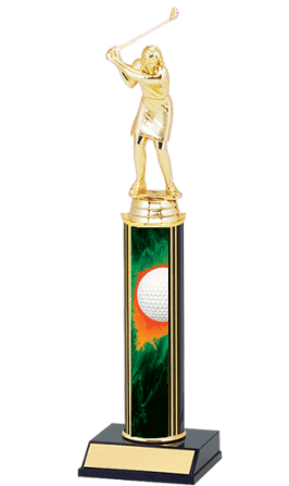 Gold golf trophy with green base.