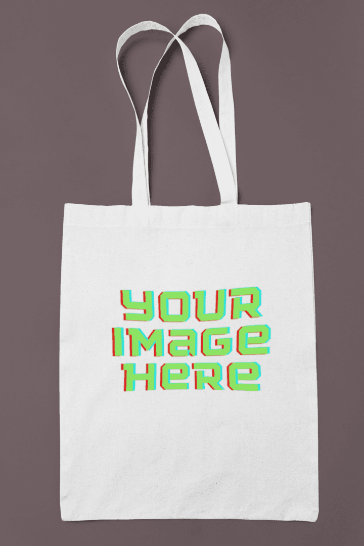 White canvas tote bag with text.