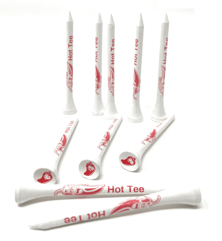 White golf tees with chili pepper logo.