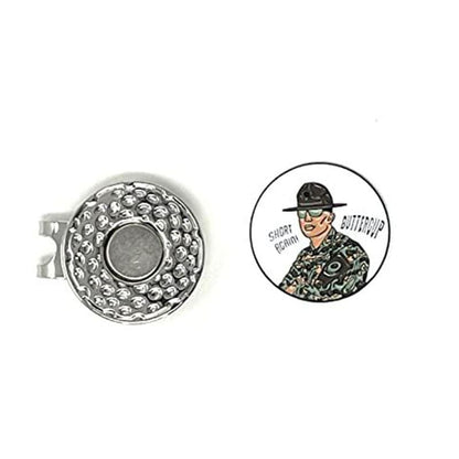 A silver pin with a soldier in camouflage and another pin with a man wearing a hat.