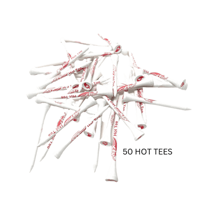 Fifty white golf tees with red logo.