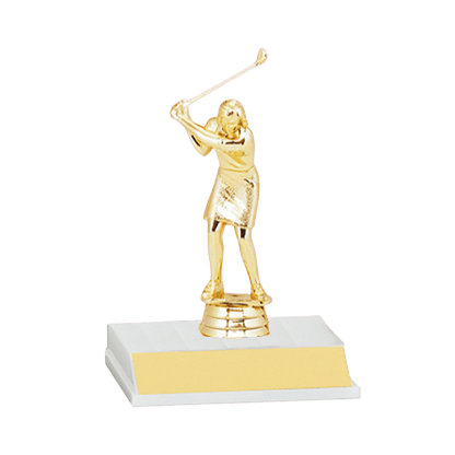 Gold female golfer trophy on base.
