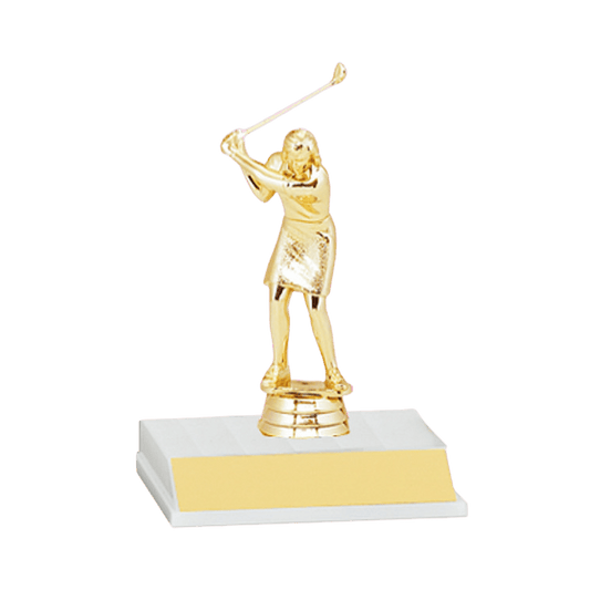 Gold female golfer trophy on base.
