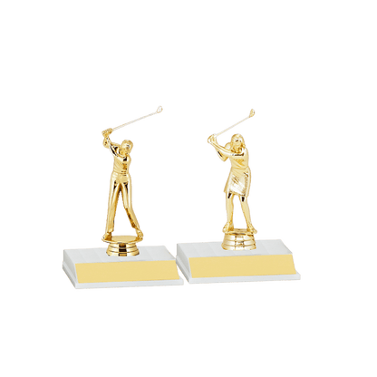 Two gold golf trophy figurines.