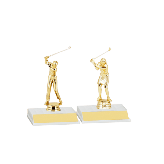 Two gold golf trophy figurines.
