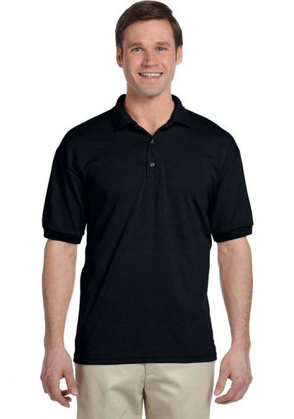 A man wearing a black polo shirt.