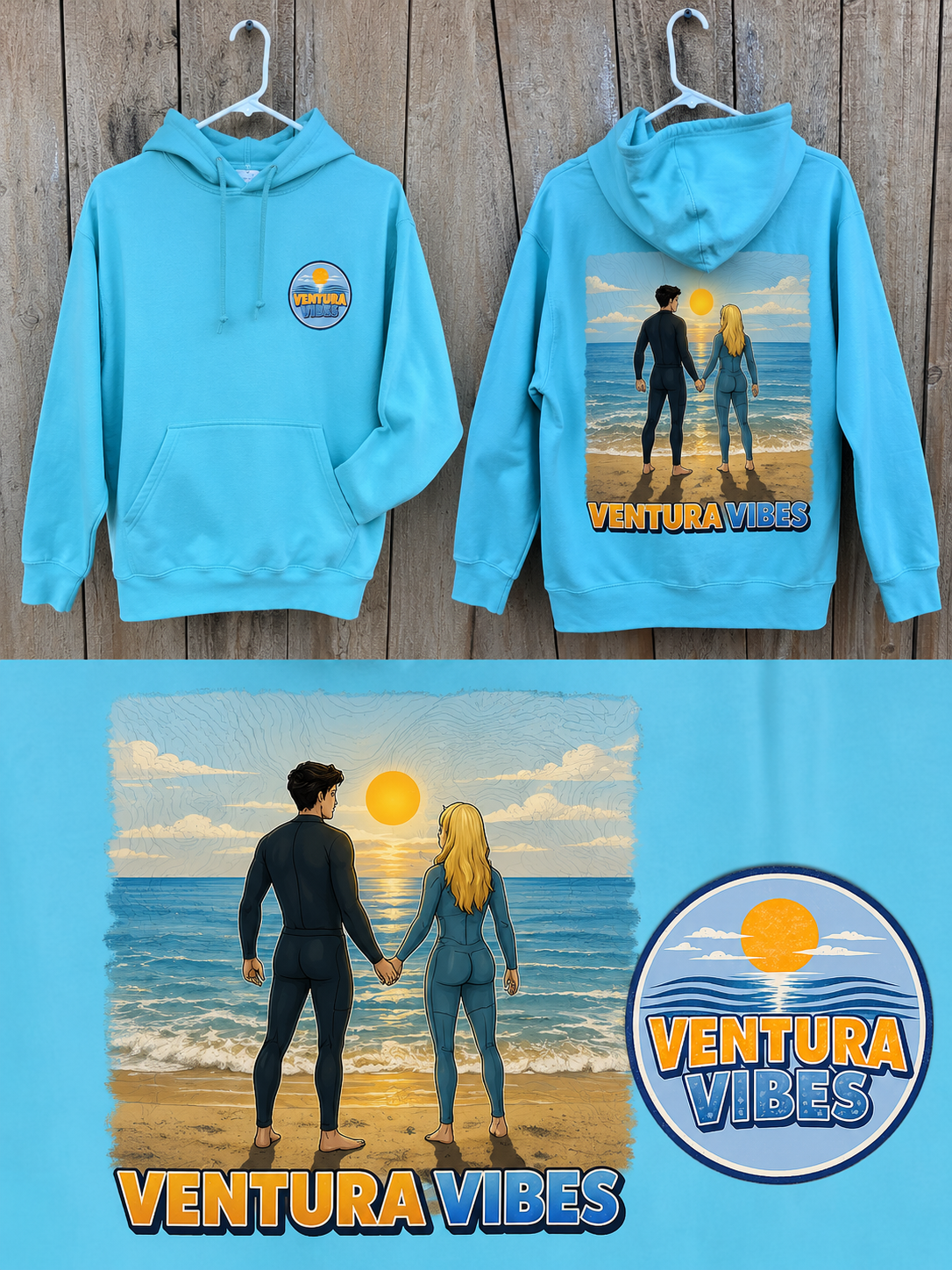 Ventura Vibes Hoodie – AI mockup showing front and back design with sunset beach graphic