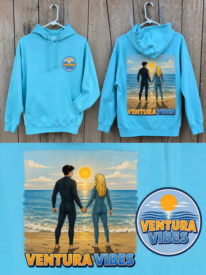 Ventura Vibes Hoodie – AI mockup showing front and back design with sunset beach graphic