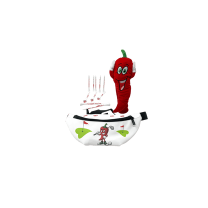 Pepper golf bag with tees and mascot.