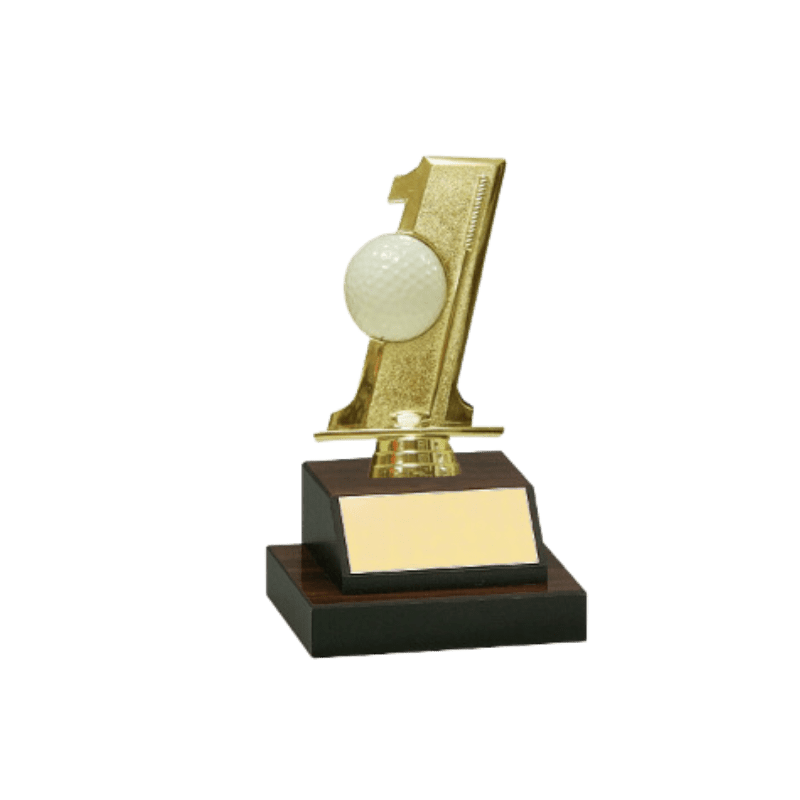 A gold trophy with a white ball on top.