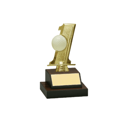 A gold trophy with a white ball on top.