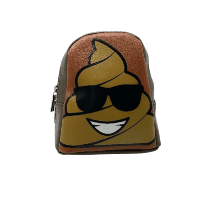 A backpack with a picture of a poop wearing sunglasses.
