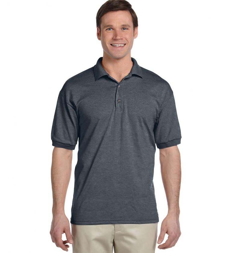 A man wearing a dark gray polo shirt.