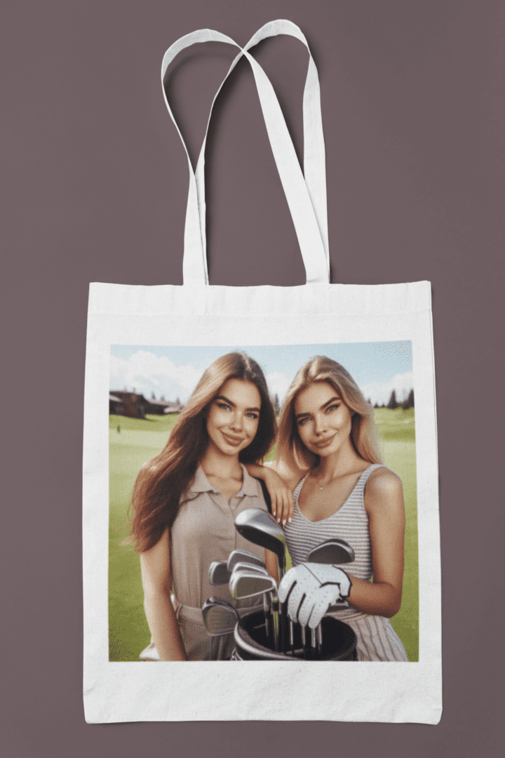 Two women golfing with golf clubs.