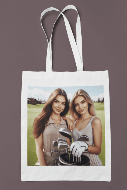 Two women golfing with golf clubs.