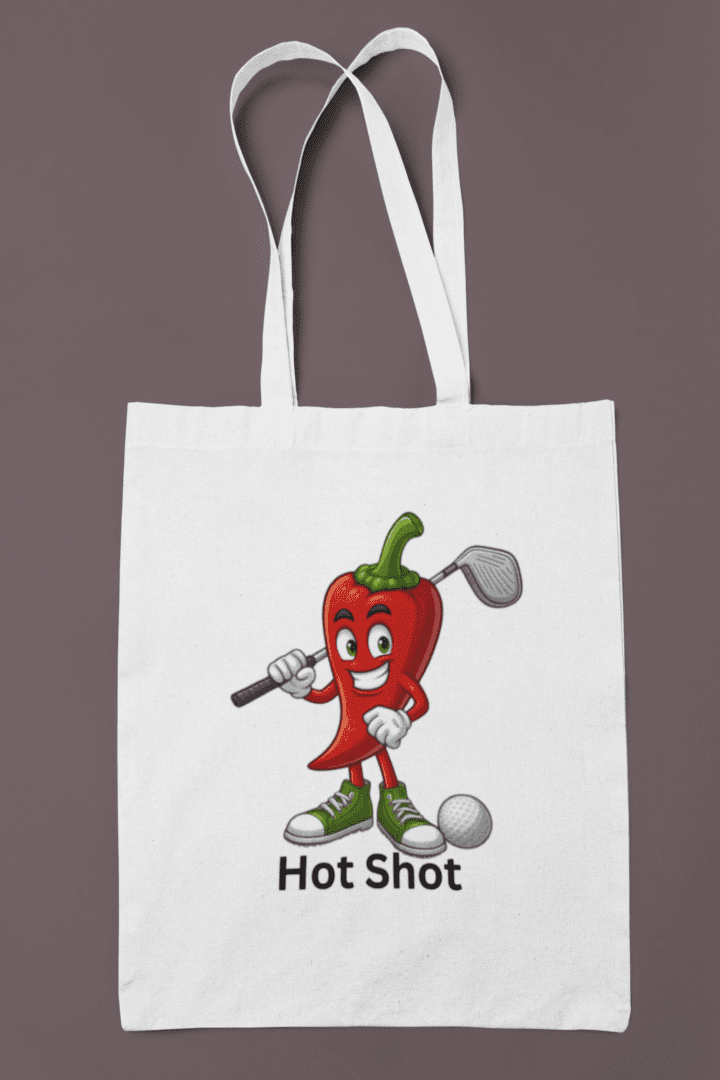 White tote bag with chili pepper golfer design.