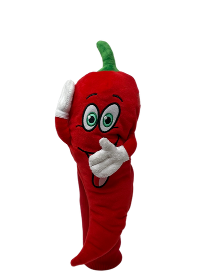 A red pepper mascot with one hand on his head.