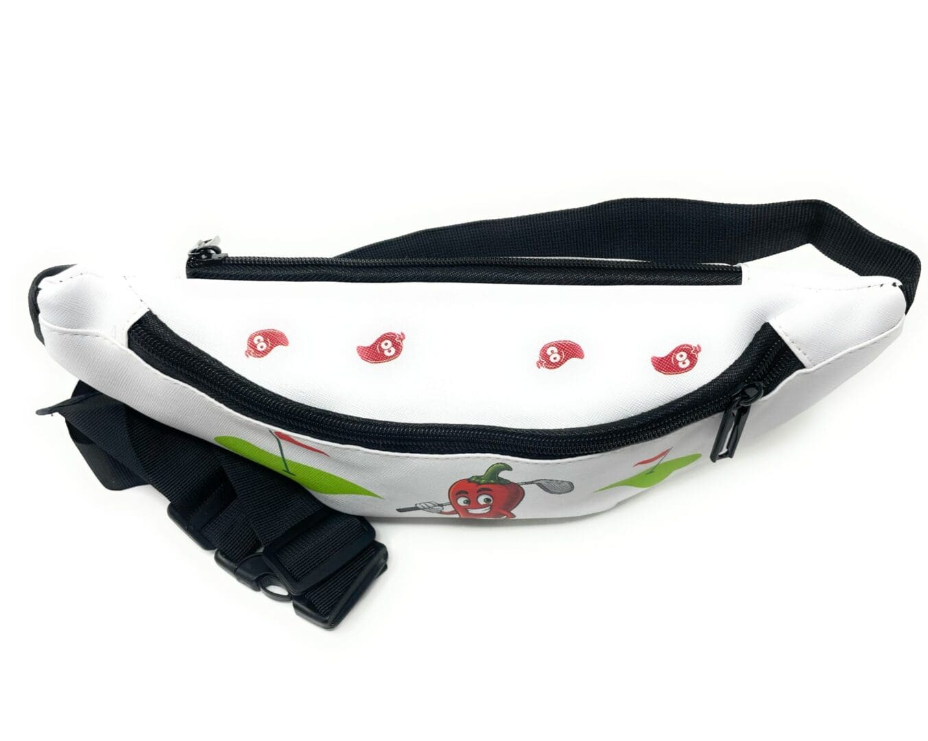 White fanny pack with chili pepper design.