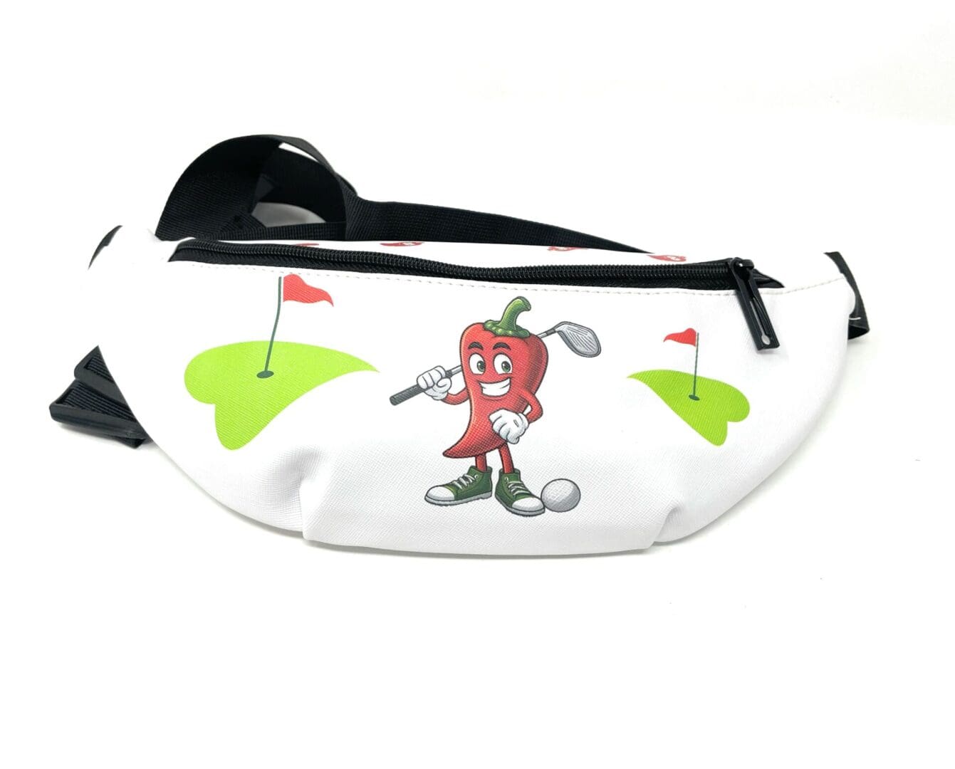 White fanny pack with chili pepper golfer design.