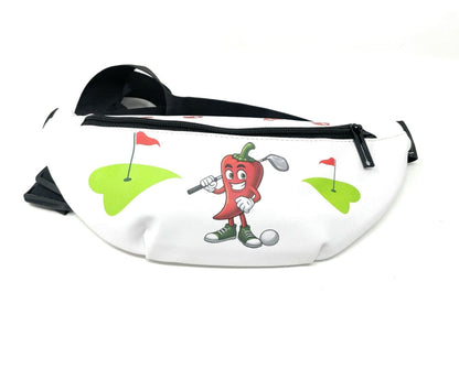 White fanny pack with chili pepper golfer design.