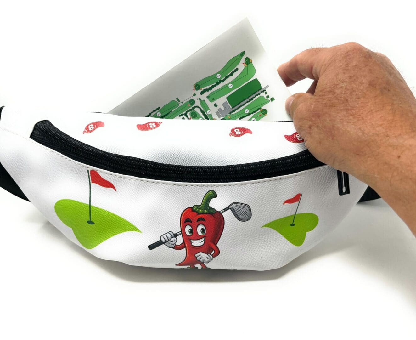 White fanny pack with chili golfer design.