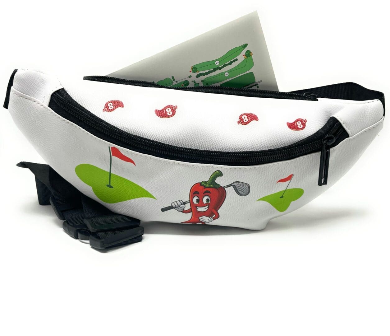White fanny pack with chili pepper golfing design.