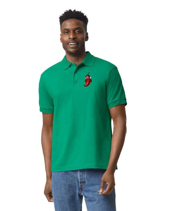 A man wearing a green polo shirt with a red and black bird on it.