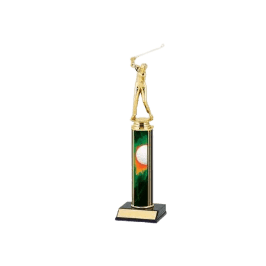 A green and gold trophy on top of a table.