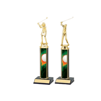 Two trophies are shown on a green background.