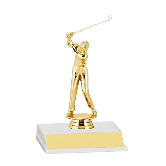 Gold golf trophy with a golfer.