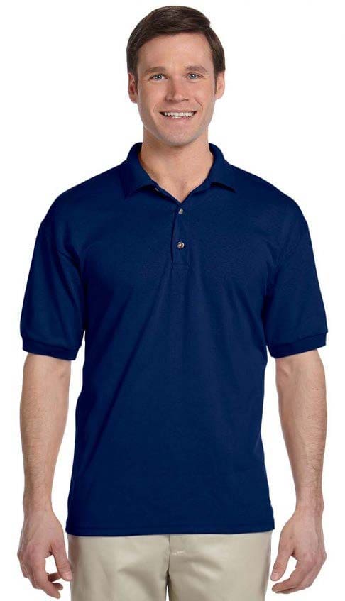 A man wearing a navy blue polo shirt.