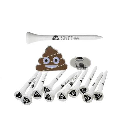 Set of poop emoji golf tees with a clip.