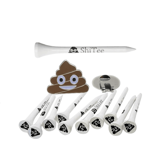 Set of poop emoji golf tees with a clip.