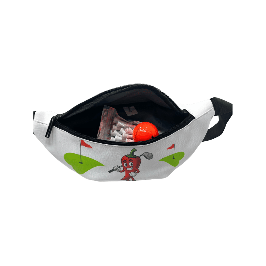 White golf bag with pepper design.