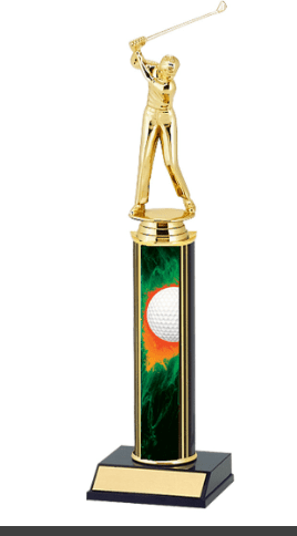Gold golf trophy with green base.
