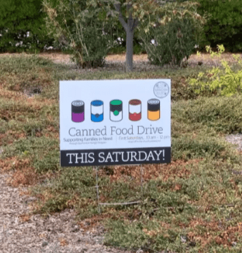 Canned food drive sign for this Saturday.