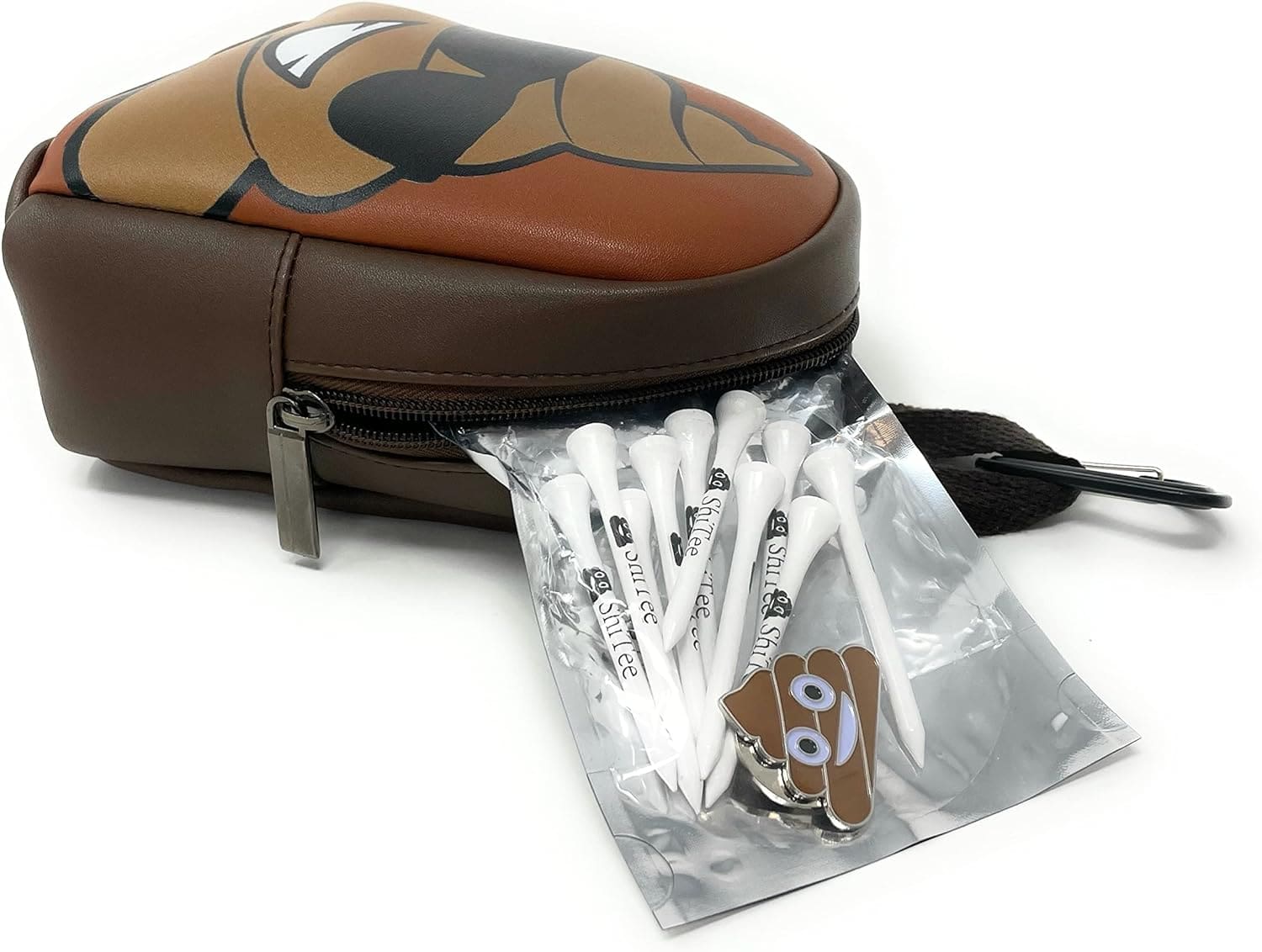 A bag of golf tees and a bag with the bag open.