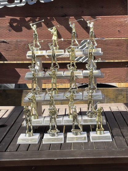 Gold golf trophy winners on wooden table.